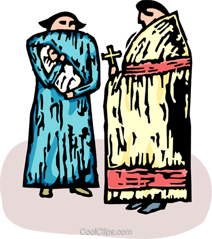 Priest Standing With A Mother And Baby Royalty Free - Illustration (425x480)