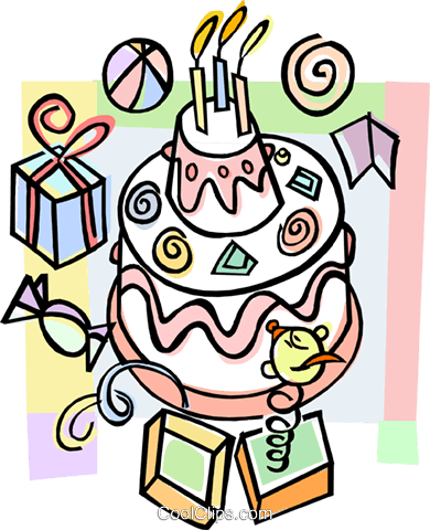 Birthday Cake With Party Favors Royalty Free Vector - Birthday (390x480)