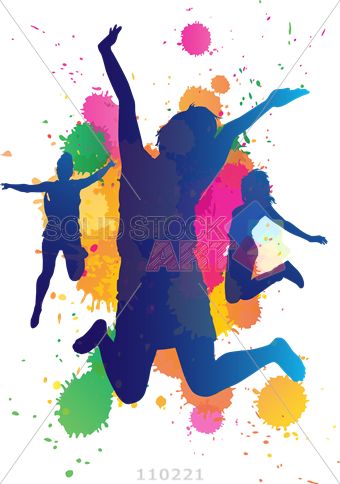 Stock Illustration Of Jumping Girls With Bright Paint - Painting (340x484)
