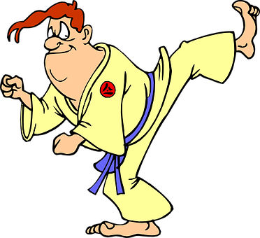Man Karate Sports Kick Fight Kicking Actio - Cartoon Karate Clip Art (372x340)