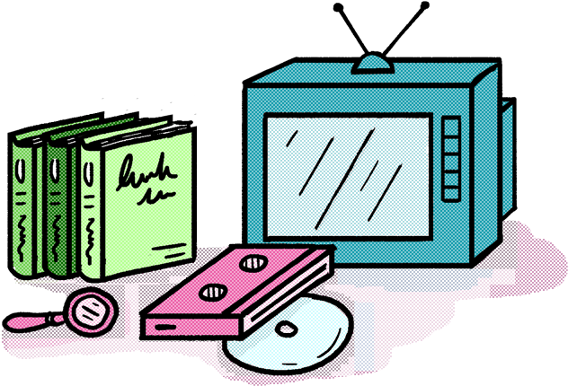 A Drawn Image Of A Tv, Three Books, Vhs Tape, Cd, And - Television (1000x500)