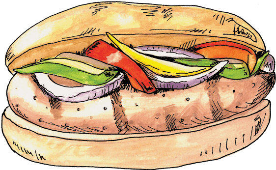 Sandwich Clipart Warm Food - Sausage And Peppers Clipart (566x392)
