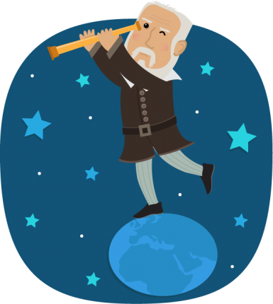 Happy Birthday Galileo, The Father Of Modern Science - Cartoon Galileo Looking Through A Telescope (385x430)
