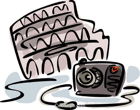 Camera And The Roman Coliseum Royalty Free Vector Clip - Camera And The Roman Coliseum Royalty Free Vector Clip (480x377)