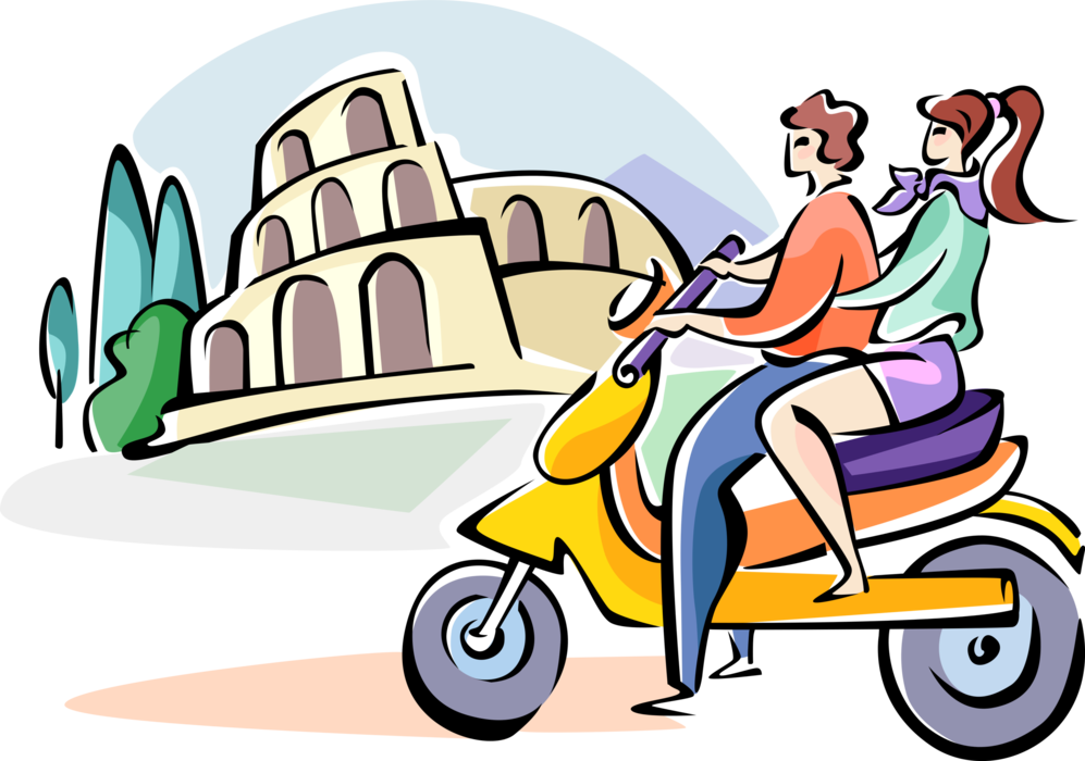 Vector Illustration Of Couple Driving By Roman Coliseum - Clipart Italy (997x700)
