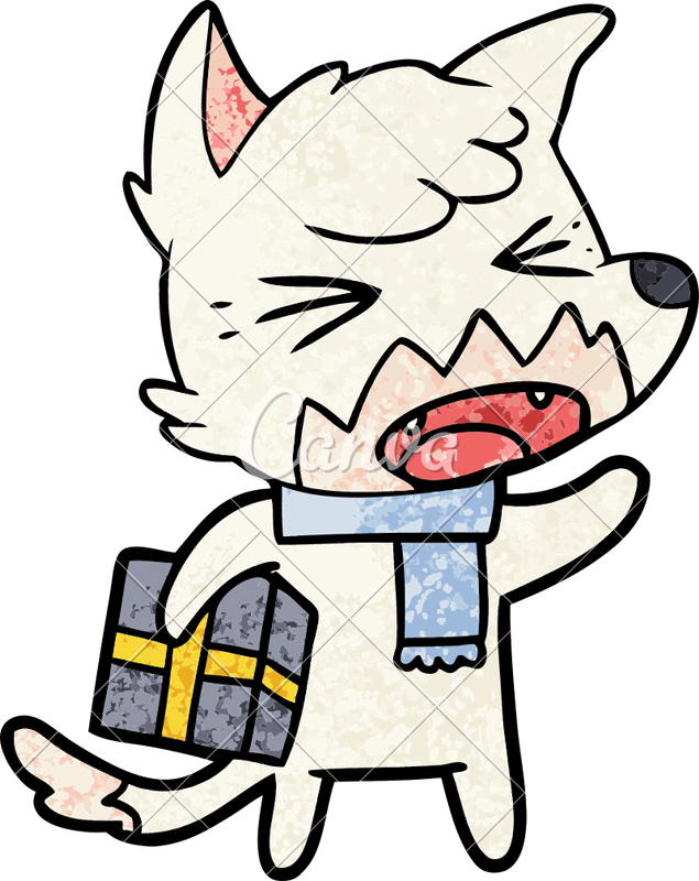 Angry Cartoon Fox With Gift - Christmas Wolf Cartoon (635x800)