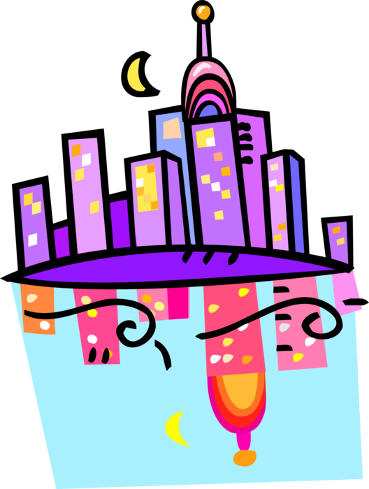 Cityscape Reflecting In The Water Royalty Free Vector - Cityscape Reflecting In The Water Royalty Free Vector (528x700)