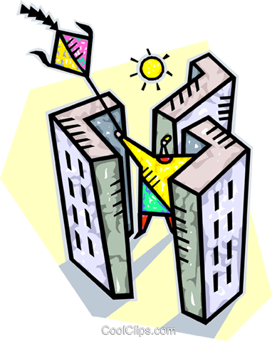 Flying A Kite Between Buildings Royalty Free Vector - Flying A Kite Between Buildings Royalty Free Vector (382x480)