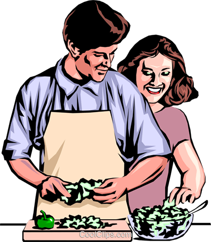 Woman Clipart Dinner - Man And Woman Cooking Clipart (419x480)