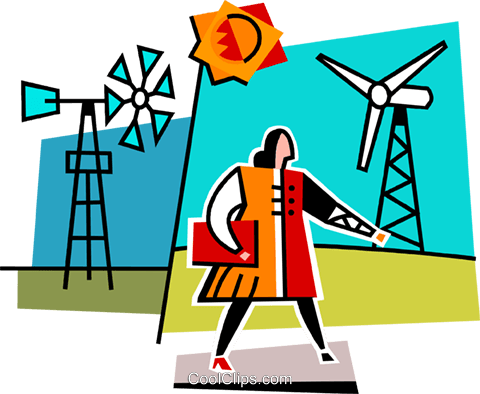 Woman Walking Past Windmills Royalty Free Vector Clip - Illustration (480x394)