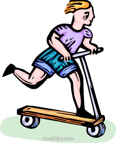 Boy On His Scooter Royalty Free Vector Clip Art Illustration - Ride A Scooter (391x480)