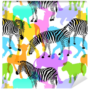 Zebra With Colorful Silhouette Wildlife Animals, Seamless - Illustration (400x400)