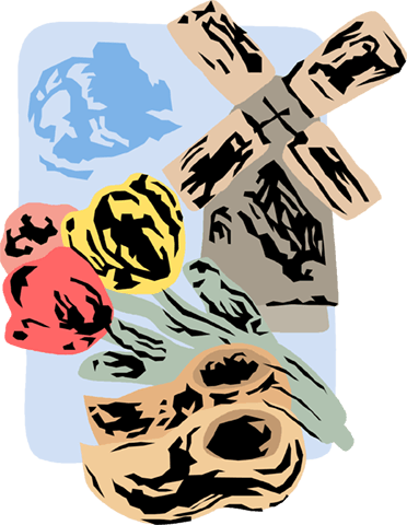 Dutch Windmill With Tulips And Clogs Royalty Free Vector - Clip Art (372x480)