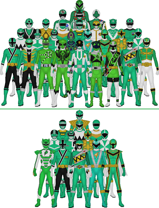 All Super Sentai And Power Rangers Greens By Taiko554 - Super Sentai All Green (625x817)