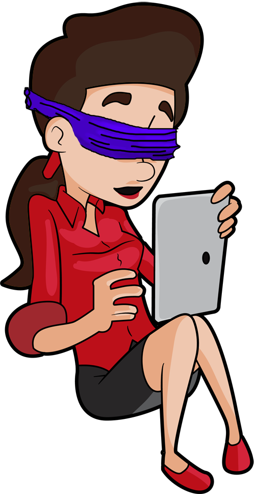 A Woman Wearing A Blindfold Is Trying To Use An Ipad - Cartoon (500x967)