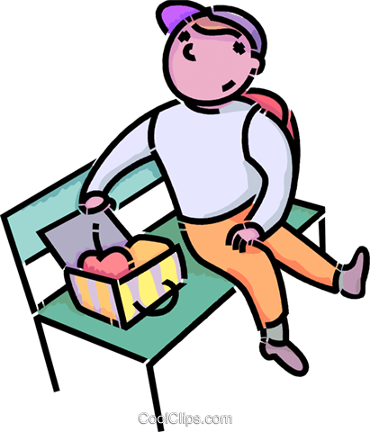 Boy Eating His Lunch On A Bench Royalty Free Vector - Eating Lunch On A Bench Clipart (411x480)