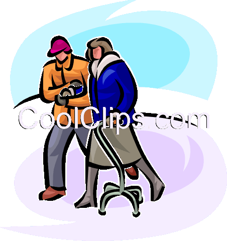 Couple Walking In The Cold With A Walker Royalty Free - Cartoon (452x480)