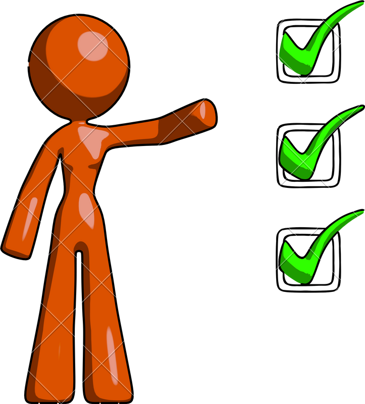 Orange Design Mascot Woman Standing By A Checkmark - Orange Design Mascot Woman Standing By A Checkmark (723x800)