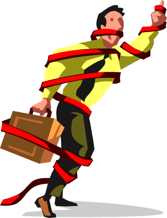 Vector Illustration Of Businessman Wrapped Up In Bureaucratic - Red Tape Clip Art (536x700)