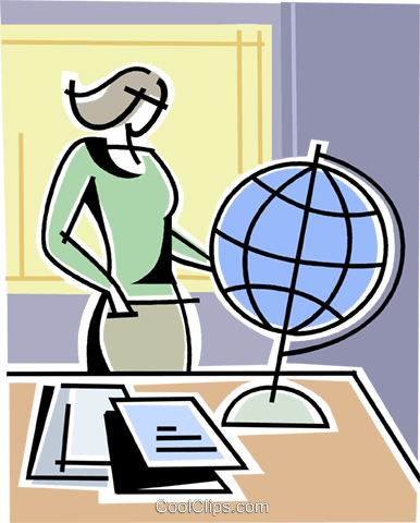 Woman At Desk Looking At Globe Royalty Free Vector - Возникновение И Развитие Педагогики (386x480)