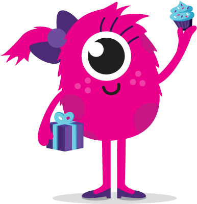 A Pink Monster With Cupcakes And A Present - Cartoon (394x400)