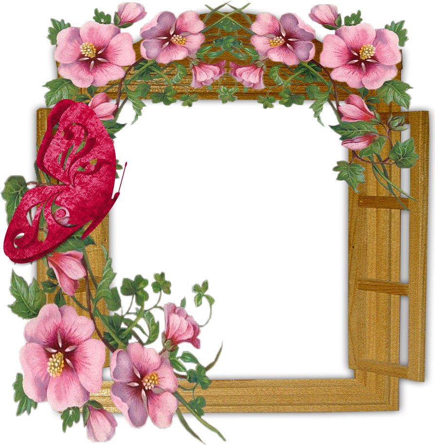 Wooden Winow With Flowers And Butterfly Transparent - Welcome To My Page Glitter (1000x1000)