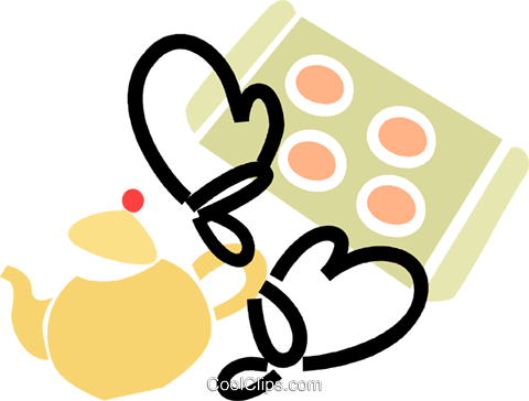 Teapot With Oven Mitts And Cookies Royalty Free Vector - Oven Glove (480x364)