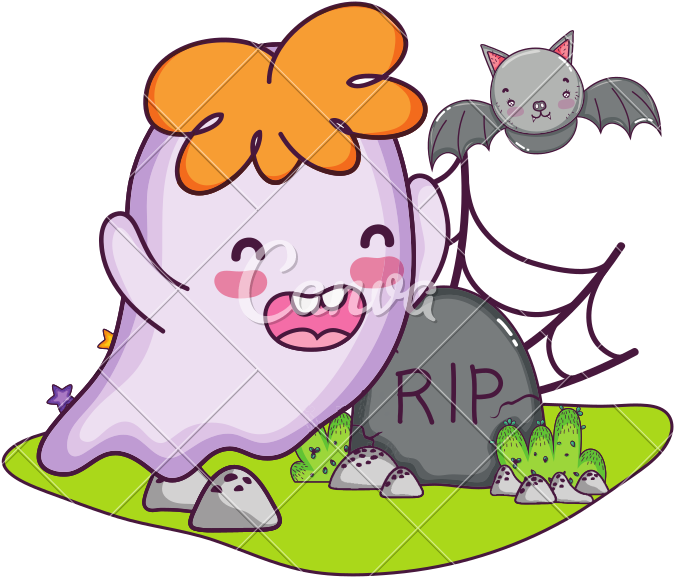 Ghost With Bat And Rip Stone With Spiderweb - Halloween (800x693)