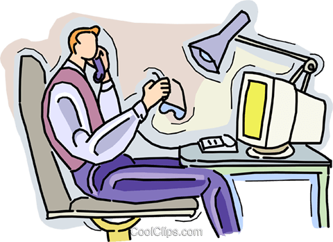 Working At Computer Talking On The Phone Royalty Free - Illustration (480x349)
