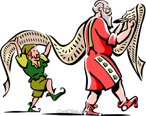Santa And An Elf With A Christmas List Royalty Free - Cartoon (480x381)