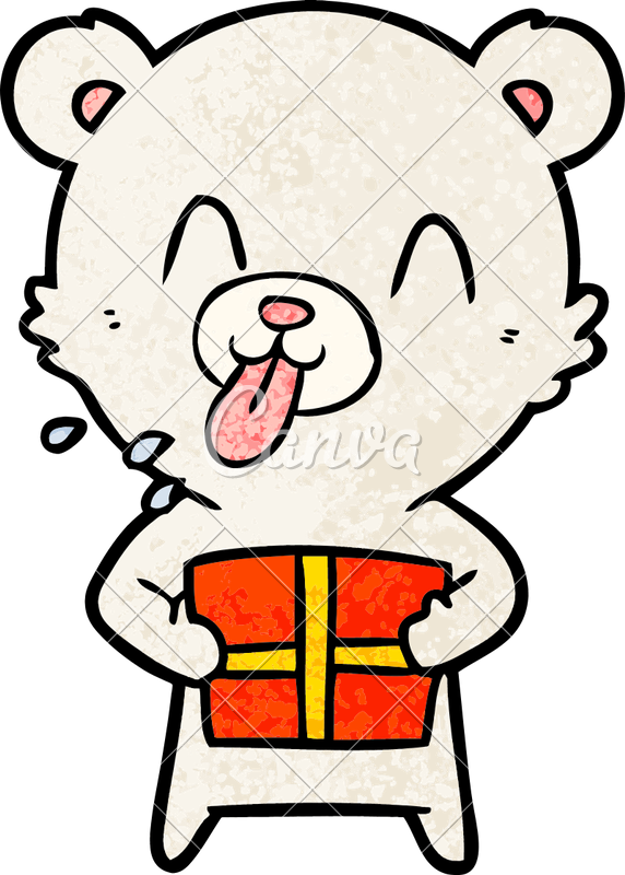 Rude Cartoon Polar Bear Sticking Out Tongue With Present - Cute Rude Drawing Sticking Tongue Out (572x800)