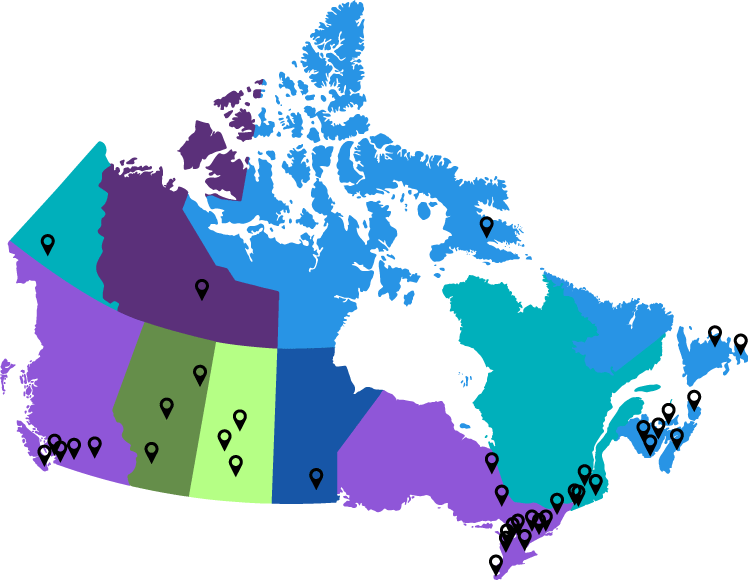 A Map Of Canada With Markers Representing Every City - Map Of Canada (748x580)