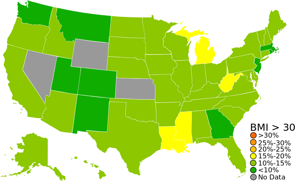 Usa Obesity - Blue Map Of United States (959x593)