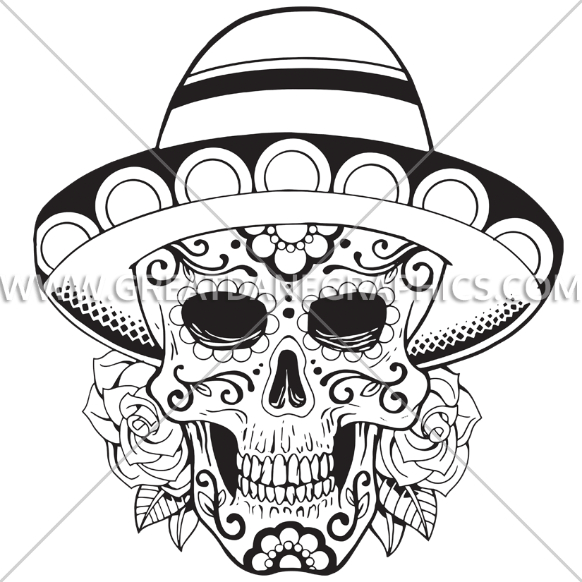 Clipart Library Stock Black And White - Sugar Skull With Sombrero (825x825)