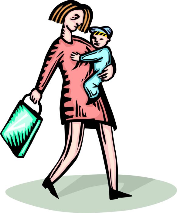 Vector Illustration Of Mother With Child In Arms Arrive - Illustration (583x700)