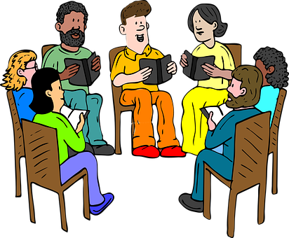 Lehrer, Treffen, Bücher, Lesung, Gruppe - Group Of People Talking Clipart (412x340)