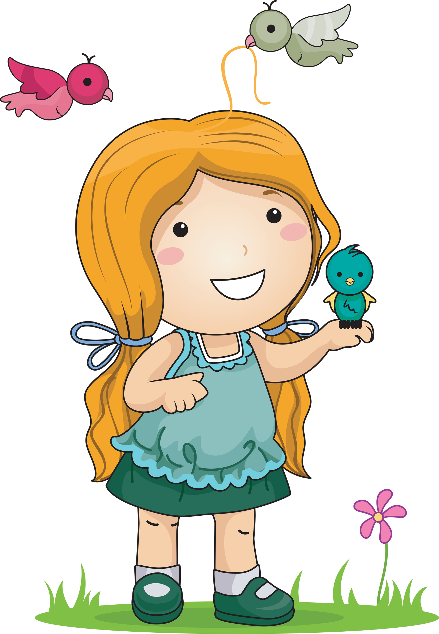 Royalty Free Clipart Image Of A Little Girl Playing - Girl With Bird Cartoon (1664x2400)