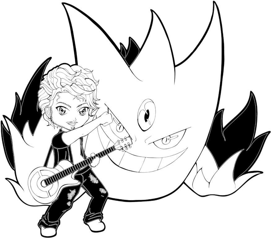 Guitarist Rego With Mega Gengar By Chibivi-linearts - Line Art (900x795)
