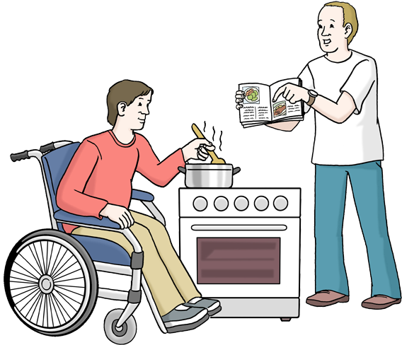 Diese Grafik Zeigt Einen Rollstuhlfahrer Der Hilfe - Kochen Leichte Sprache (581x500)
