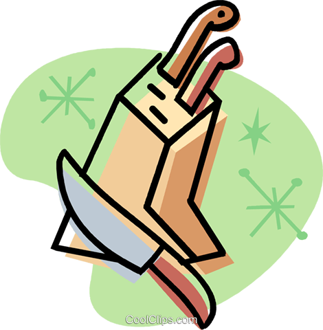 Knives In A Wooden Block Royalty Free Vector Clip Art - Kitchen Knife Safety Clipart (470x480)
