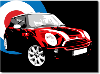 Motoring Pop Art Mark Ashmore Png Mini Pop Art - Mini Cooper Pop Art (370x340)
