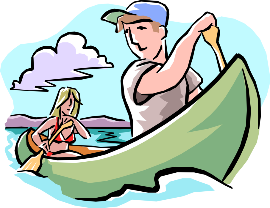 Vector Illustration Of Outdoor Canoe Trip Friends Canoeing - Vector Illustration Of Outdoor Canoe Trip Friends Canoeing (907x700)