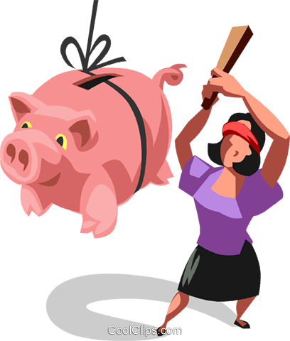 Frau Kollision Mit Einem Sparschwein Piñata Vektor - Woman Hitting A Pinata (408x480)