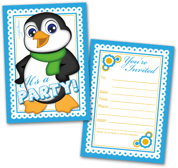 20 Kids Party Invitation Cards Boy Penguin And 20 Envelopes - 20 Kids Party Invitation Cards Boy Penguin And 20 Envelopes (600x600)