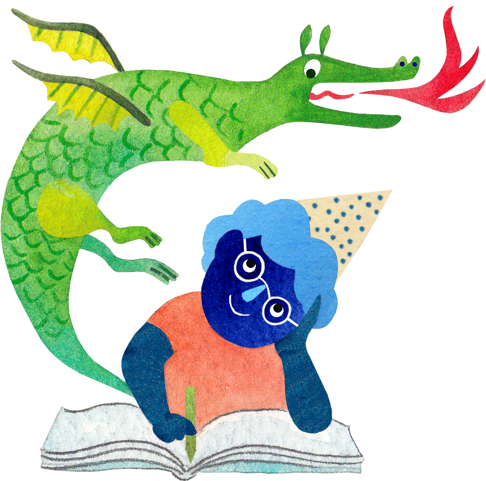 Graphic Of A Boy Reading And Imagining A Dragon - Cartoon (1050x1050)