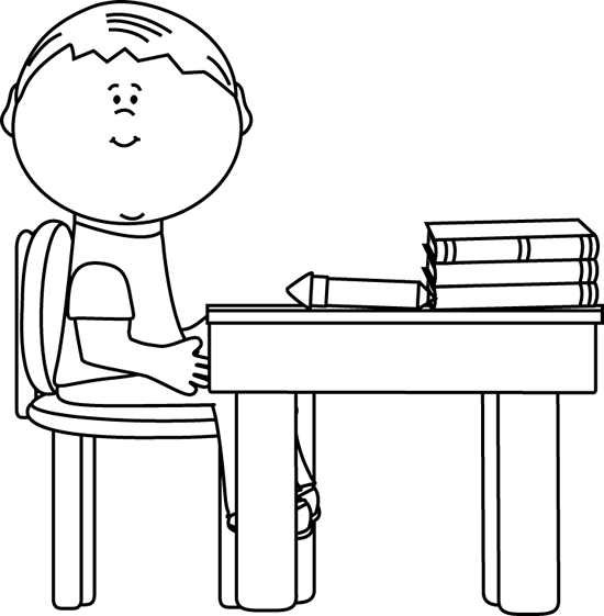 Black And White School Boy At Desk Clip Art - School Work Clip Art Black And White (550x561)