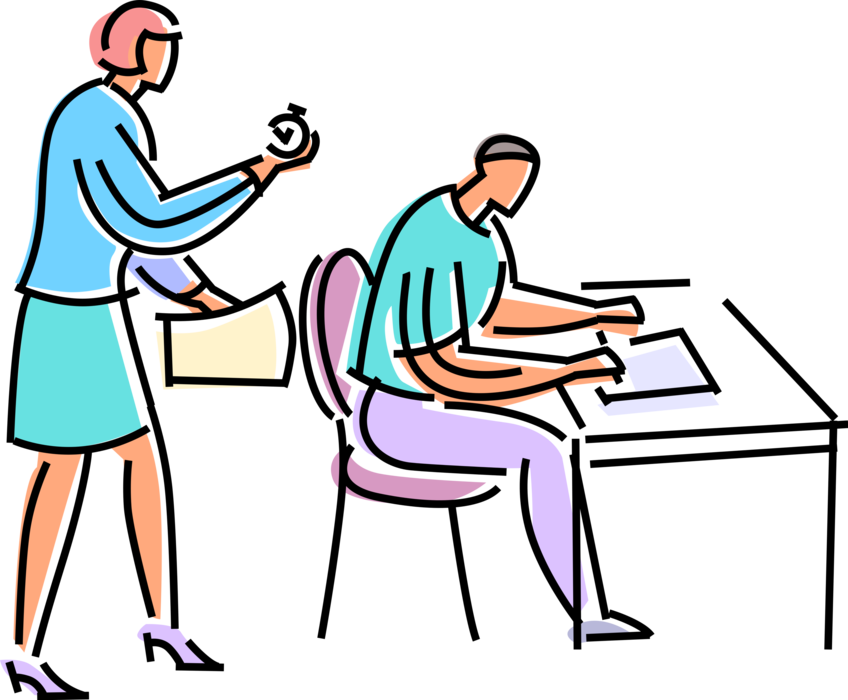 Vector Illustration Of Teacher With Stopwatch Begins - Sitting (848x700)