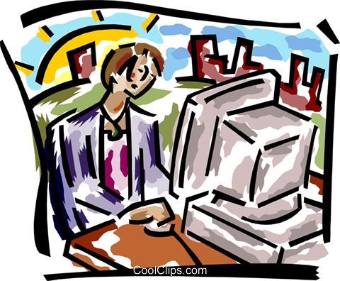 Woman At A Computer Royalty Free Vector Clip Art Illustration - Woman At A Computer Royalty Free Vector Clip Art Illustration (480x396)