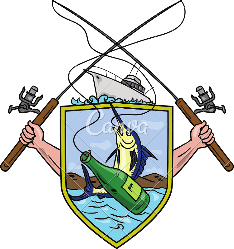 Fishing Rod Reel Blue Marlin Beer Bottle Coat Of Arms - Fishing Rod Reel Blue Marlin Beer Bottle Coat Of Arms (750x800)