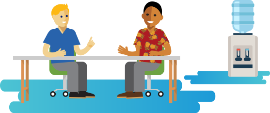 Two People Sitting At A Desk, Discussing - Two People Sitting At A Desk, Discussing (557x233)